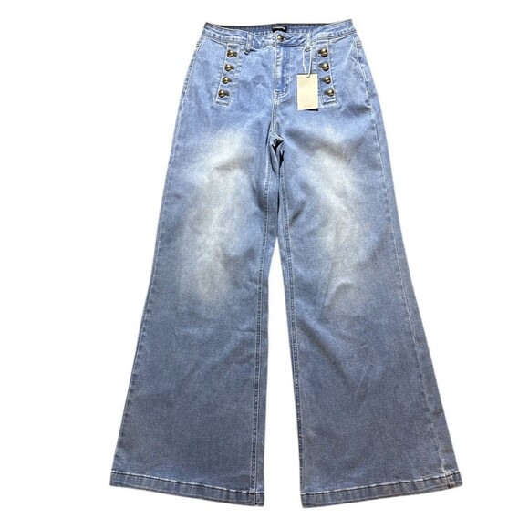 Flamingals Wide Leg Jeans Double Breasted Stitch Detail Flare Jeans Size Large - Picture 1 of 9